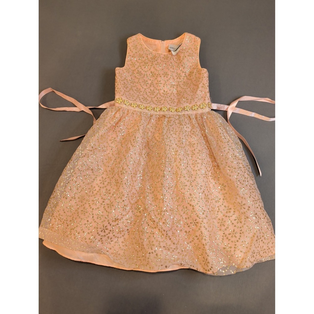 Rare Too Girls 6X Peach Gold Glitter Tulle Party Dress Sleeveless Formal